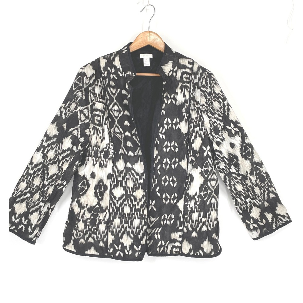 Chico's Women Jacket 3 Open Front Black‎ Tan White Ikat Print Cotton Coat